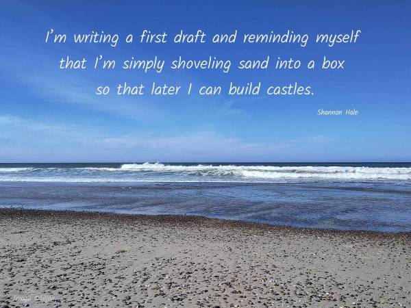 Writing Quote: Shannon Hale Calm beach scene under a blue sky.